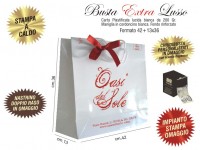 BUSTE IN CARTA LUSSO BIANCA PLASTIFICAZIONE LUCIDA EXTRA impianto stampa, chiudibusta e nastrino doppio raso omaggio 